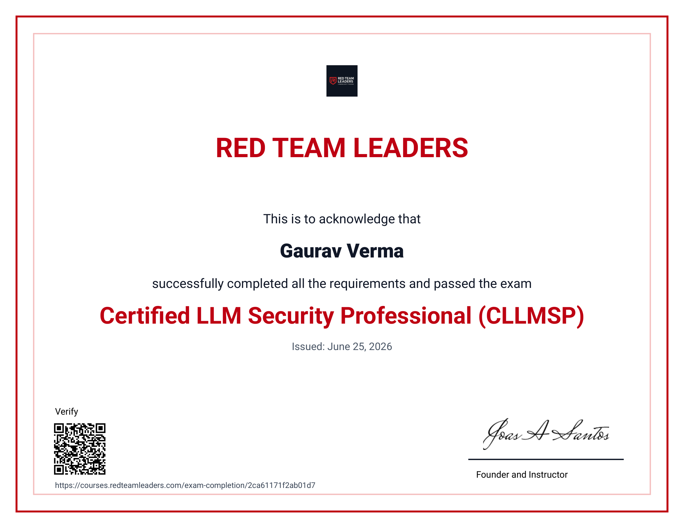 Certified LLM Security Professional (CLLMSP) - Red Team Leaders Certificate